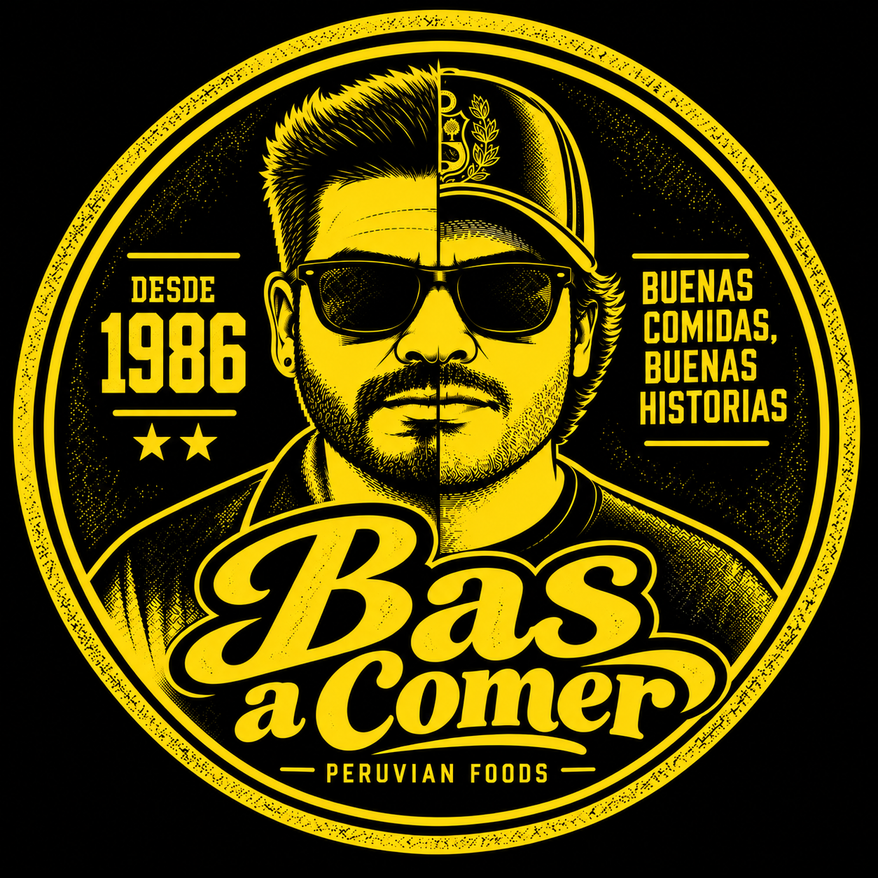 Logotipo circular amarillo y negro de Bas a Comer