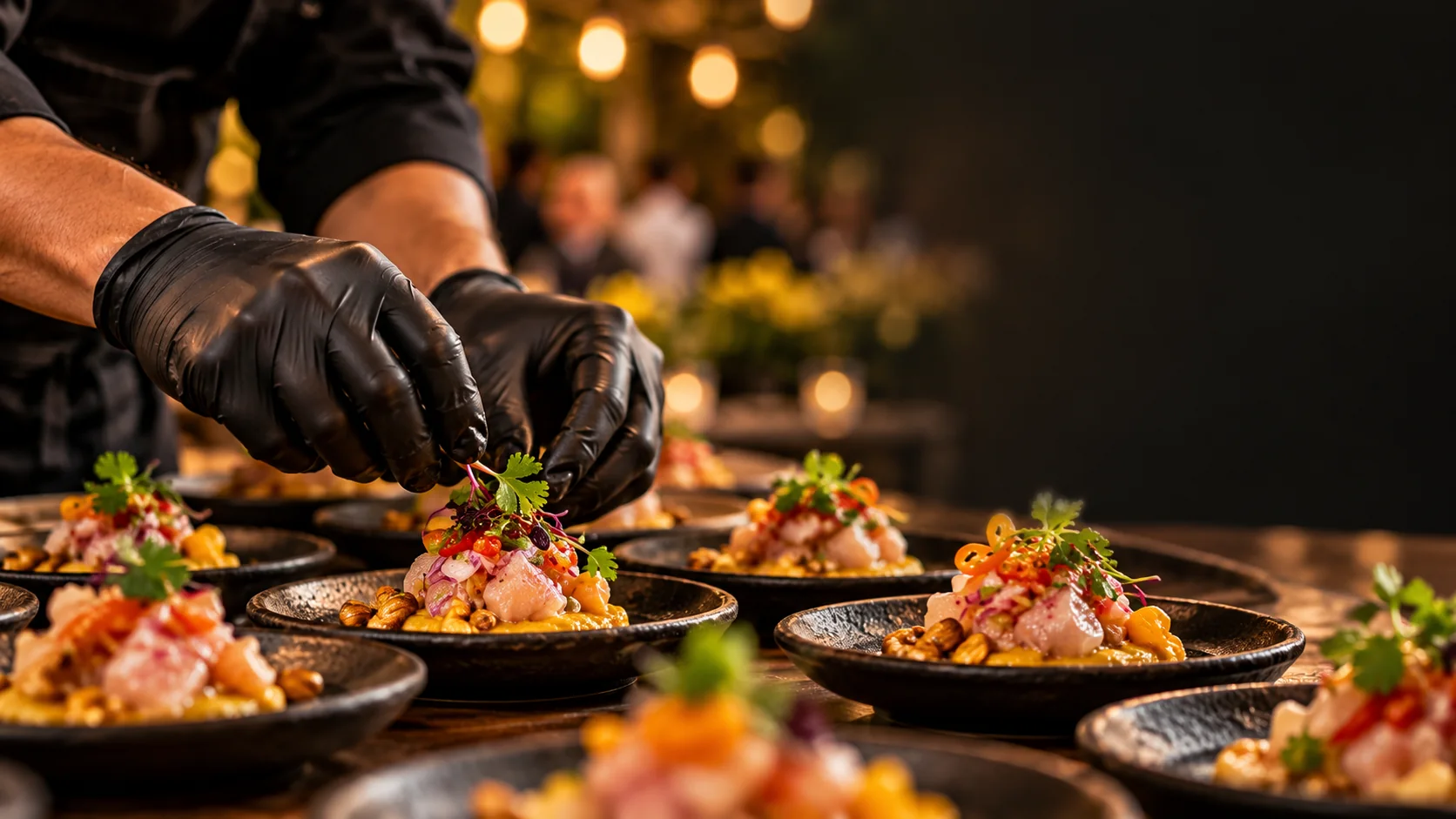 Chef terminando platos peruanos individuales para una recepción empresarial